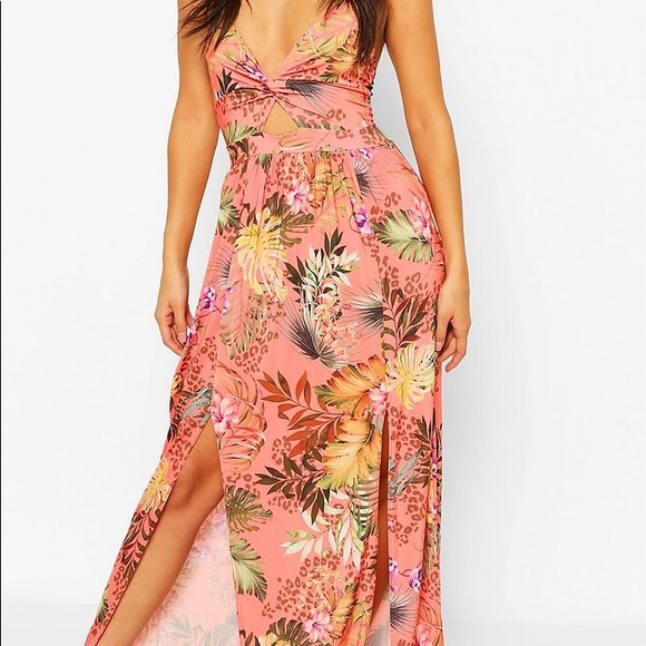 Boohoo Petite Dresses & Skirts - Petite Twist Front Tropical Print Maxi